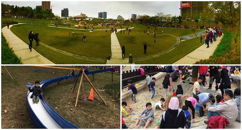 風禾公園重新改造後,溜滑梯成為最熱門的遊樂地點,市府統計,春節期間至少湧進3萬人次前往遊玩。(甘嘉雯攝)